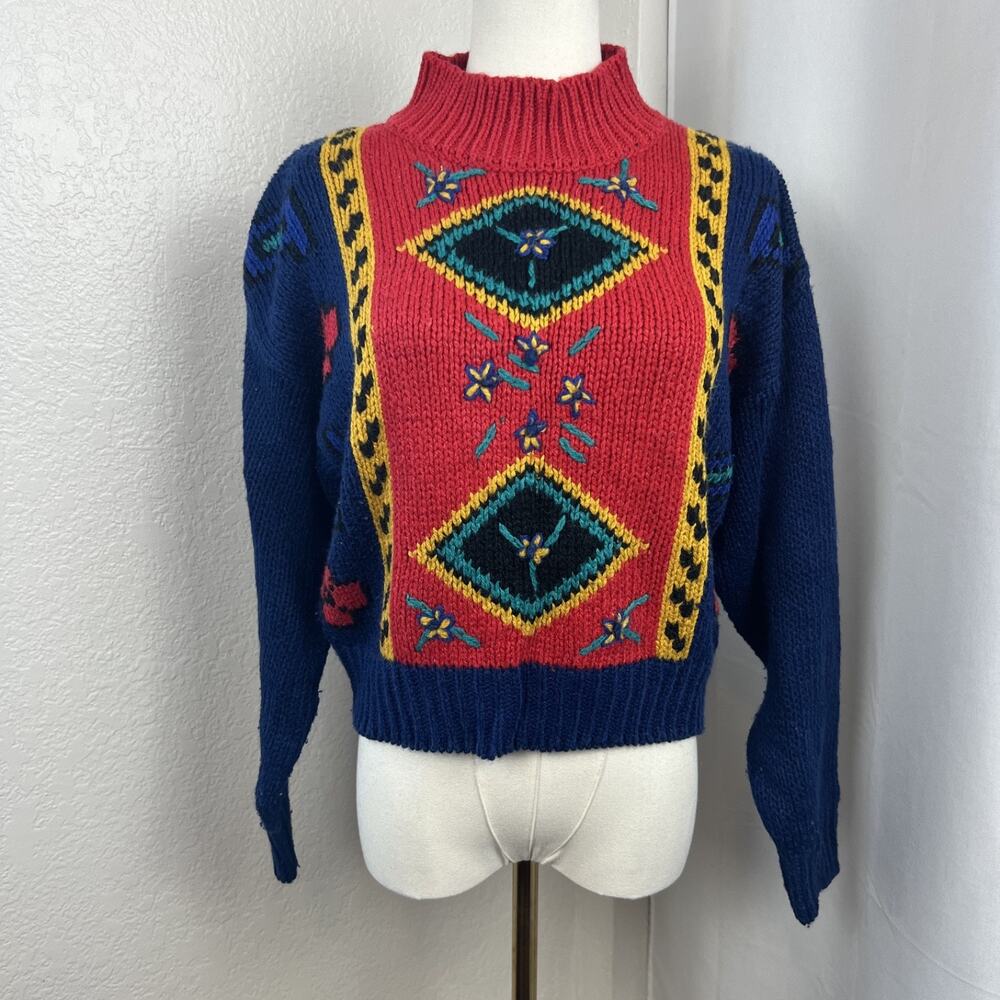 VTG Folk‎ Knit Cropped Sweater Womens Small Blue Red Floral Artsy 80s 90s Cozy